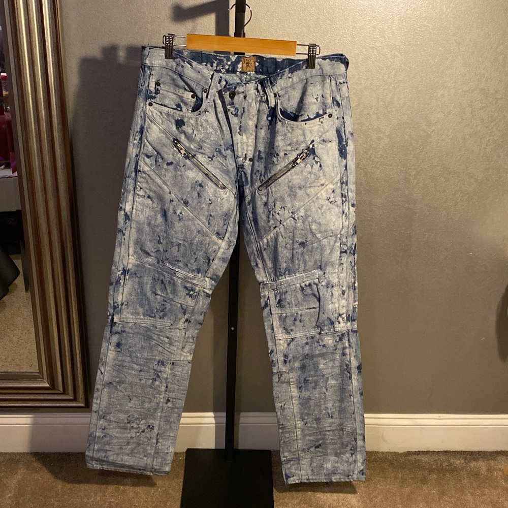 PRPS, acid splattered, sky blue, designer denim.